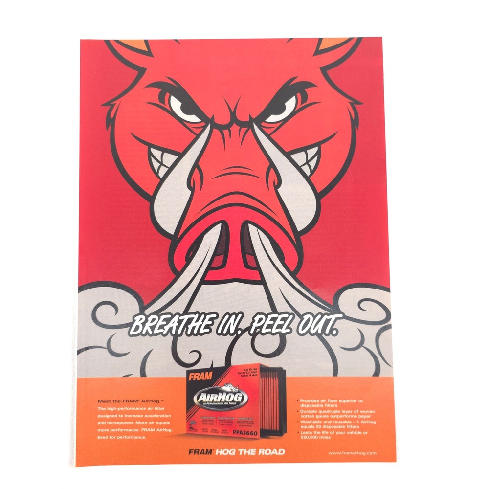 FRAM AirHog Print Ad Wild Boar Muscle Car Cartoon Breathe In Peel Out Garage Art